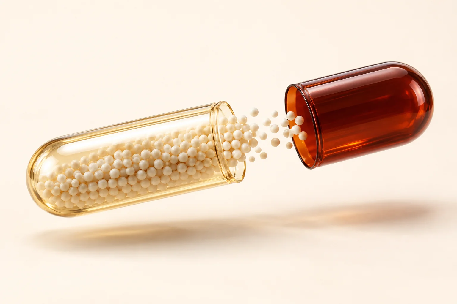 A capsule body and cap smoothly separated to reveal fine ivory pellets