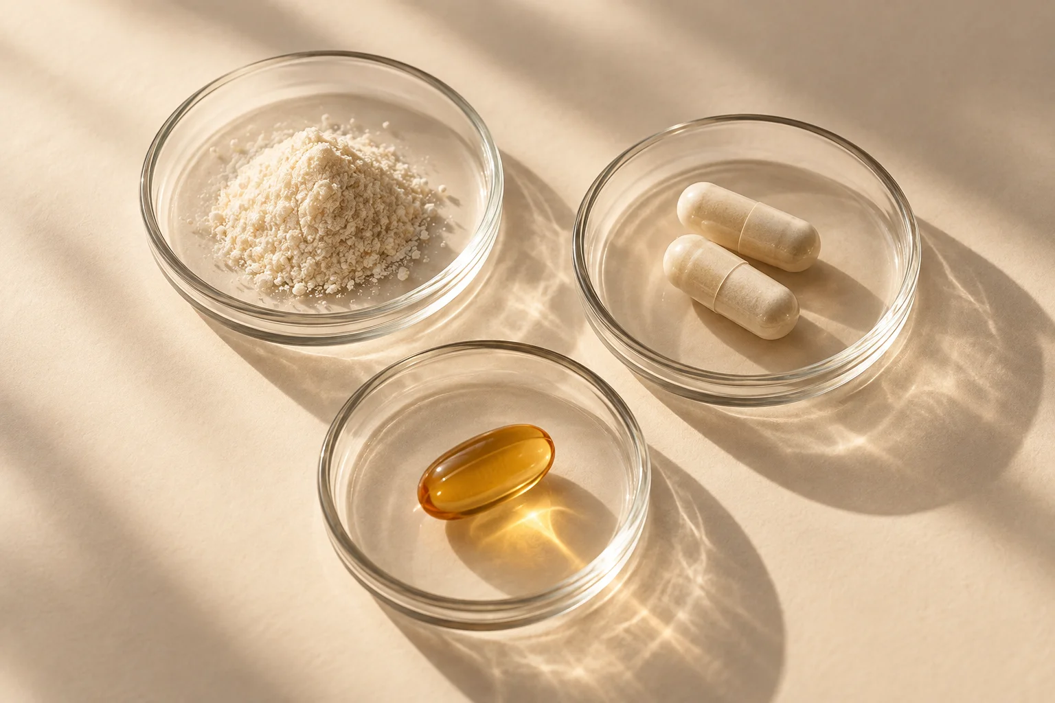 Illustrative capsules, powder and an amber softgel arranged separately in glass dishes