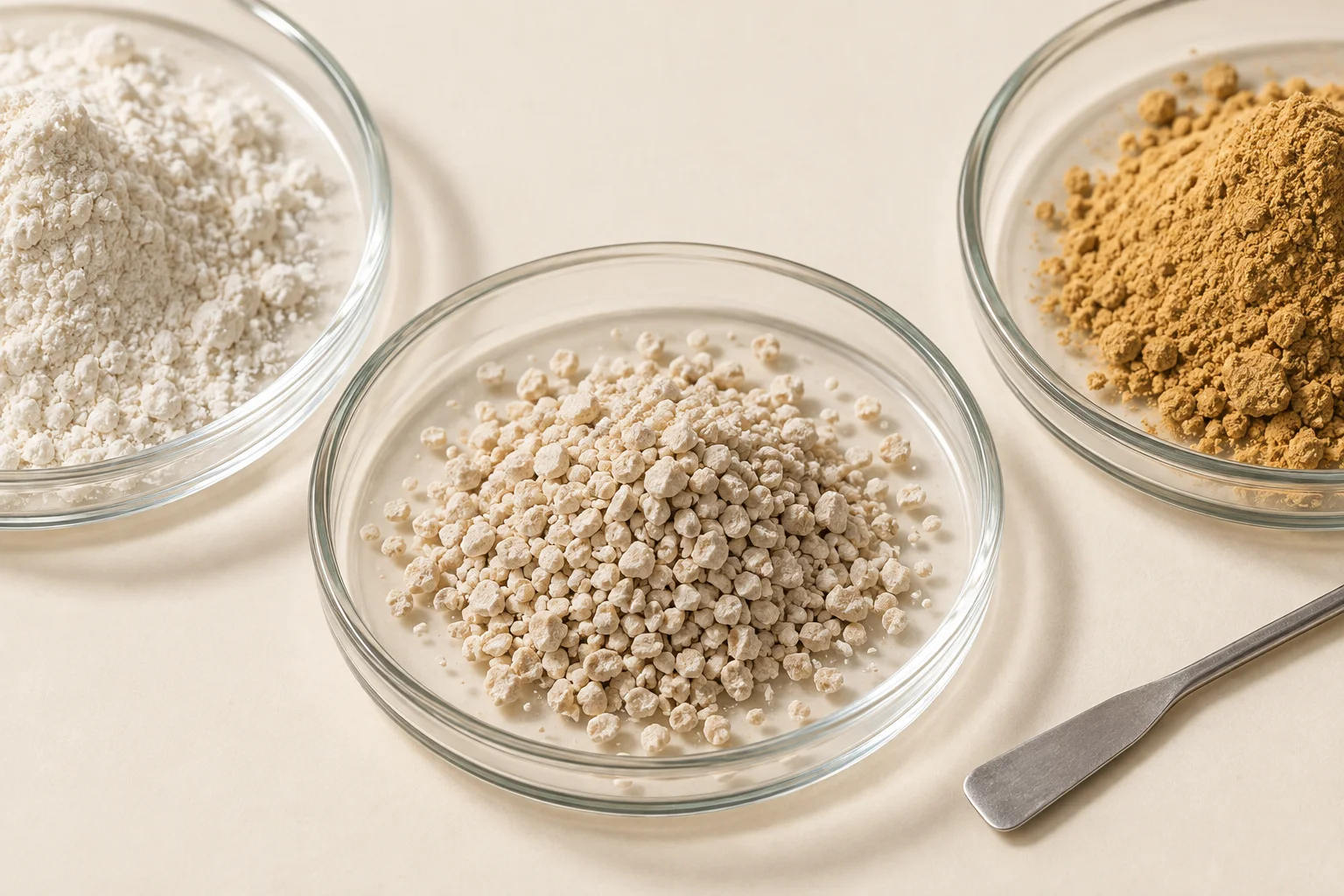 Macro study of fine powders and granules arranged in separate glass dishes